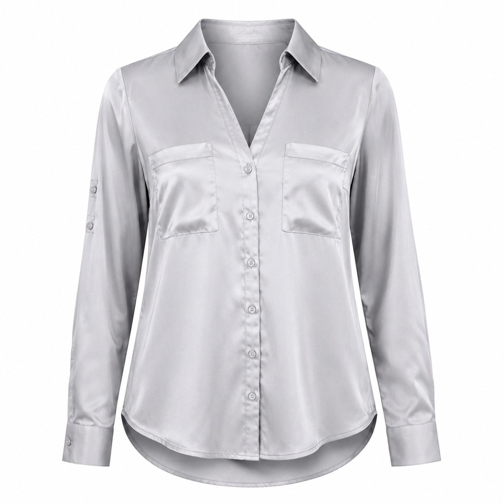 Express Portofino Shirt S Satin Slim Silver Grey Office Chic Minimalist Modern